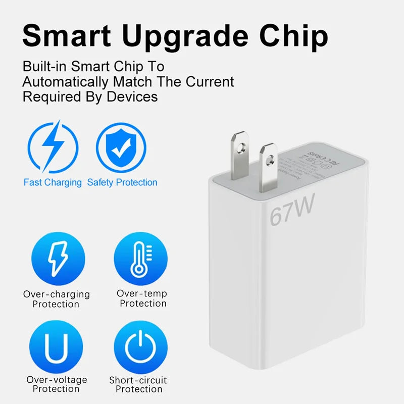 Carregador ultrarrápido de 67W e 6A com plugue americano para Xiaomi 10T, 11, 12 Lite, 13T, Redmi Note 10, 11T, 12T, 13, POCO X4, X5 e F5. Cabo de carregamento USB tipo C.