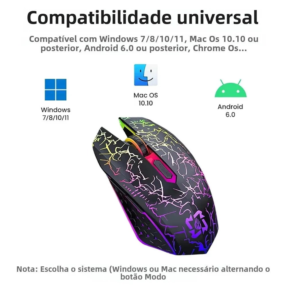 Mouse Bluetooth 5.2 RGB 2.4G Sem Fio com Modo Duplo para Jogos, 6 Botões, Silencioso, para MacBook, Tablet, Laptop e Computador.