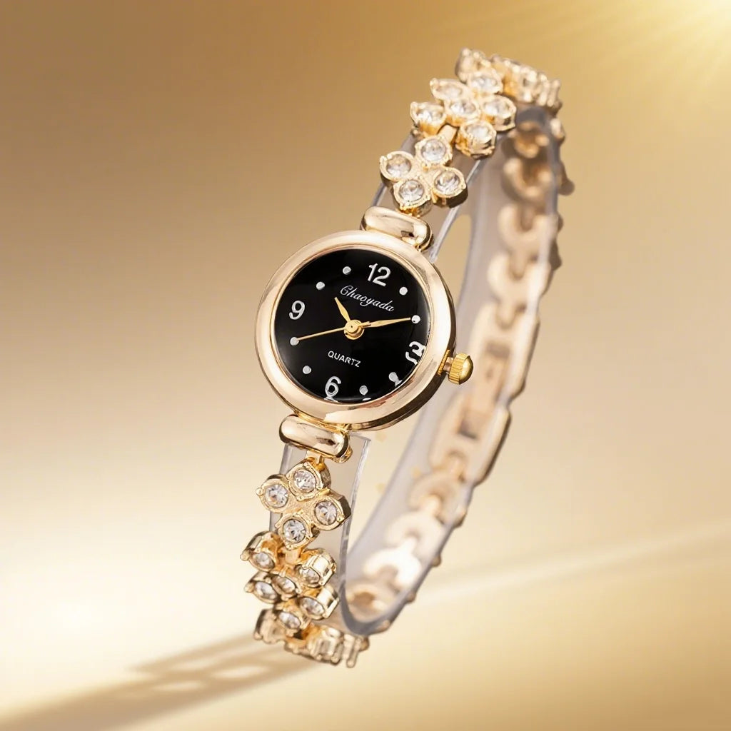 Relógio Feminino Bracelete Dourado com Strass – Mostrador Pequeno e Elegante