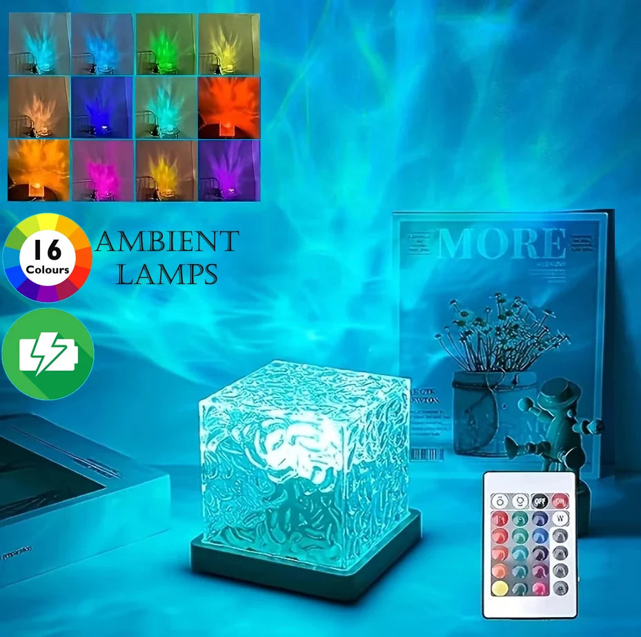 Luminária de mesa giratória com efeito de ondulação na água em 16 cores RGB, ideal para criar atmosfera no quarto com luz e sombra. Também funciona como luz noturna de cabeceira.