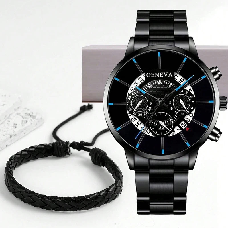 Fashion Mens Stainless Steel Watches Luxury Quartz Wristwatch Calendar Men Business Casual Leather Bracelet Watch