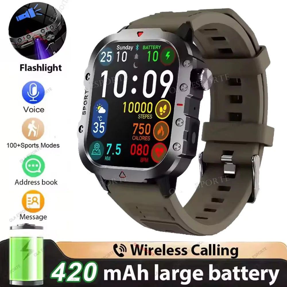 2026 New Military-grade Smart Watch Men GPS Flashlight 3ATM Waterproof Watch Bluetooth Call 100+Sport Outdoor Smartwatch Pk MA27