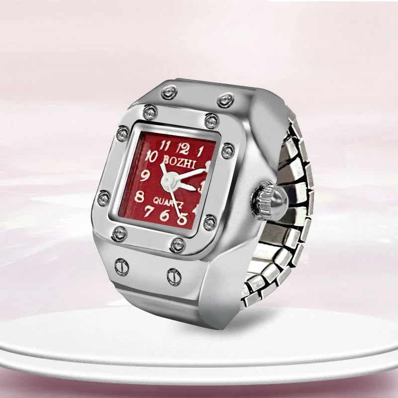 Relógio de dedo vintage punk, mini relógio de liga metálica com pulseira elástica, anel para casal, joia retrô, relógio de quartzo romano, anel feminino masculino