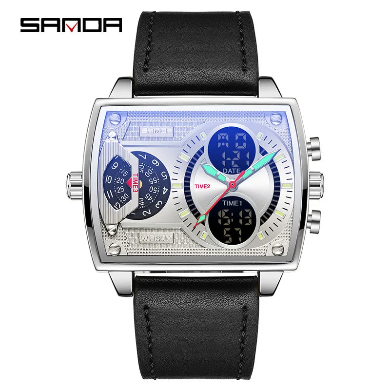 Gold Big Dial Three Time Men Wrist Watches Stainless Steel Men Sports Digital Military Quartz Watch Luminous Male Clock Dropship