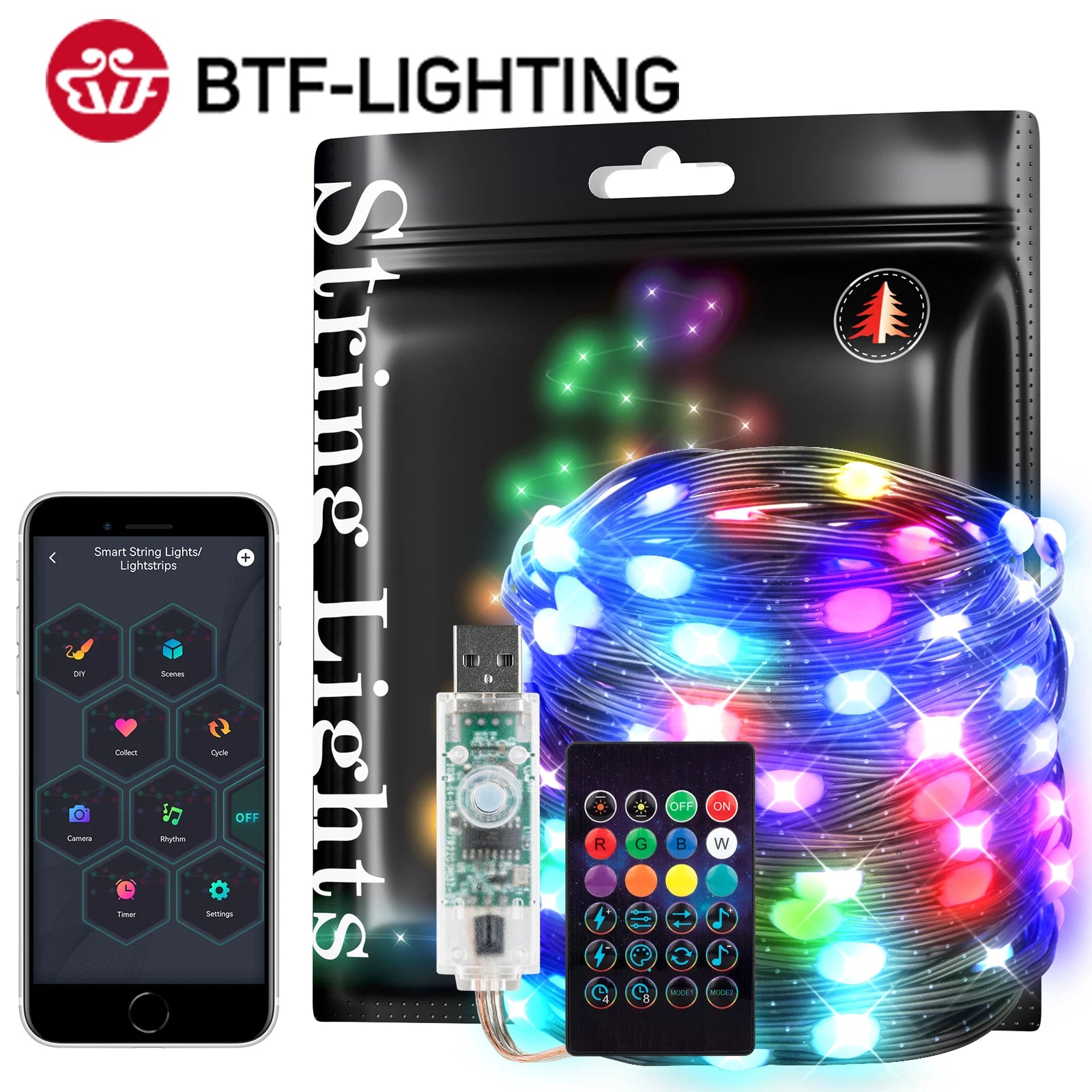 Dreamcolor Christmas Lights String BT Music WS2812B RGBIC Lighting Addressable Party Wedding Garland Decoration Outdoor USB DC5V