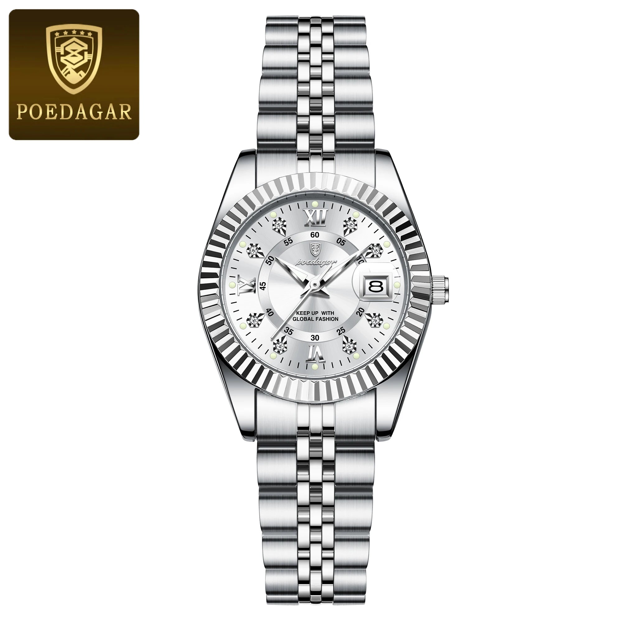 Relógio feminino de luxo POEDAGAR, à prova d'água, em aço inoxidável, com mostrador luminoso e data. Relógio de quartzo elegante e moderno para mulheres.