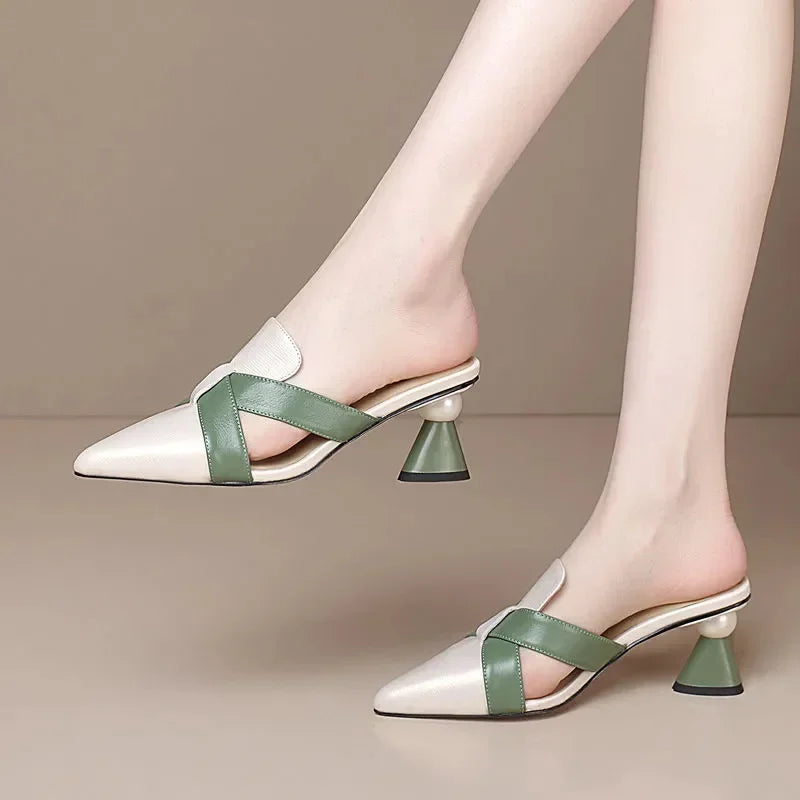 Sapatos Femininas Women Cute Pointed Toe Beige Spring & Summer Slip on Stiletto Heel Shoes Lady Cool Comfort Stylish Pumps E1361