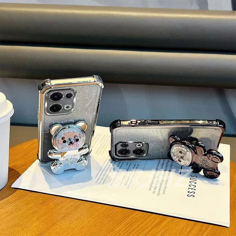 Capa transparente com suporte para urso fofo e resistente a impactos, com detalhes brilhantes, para Tecno Spark 40 Pro Plus, Spark 20, 20C, 10 Pro, 10C e 8C.