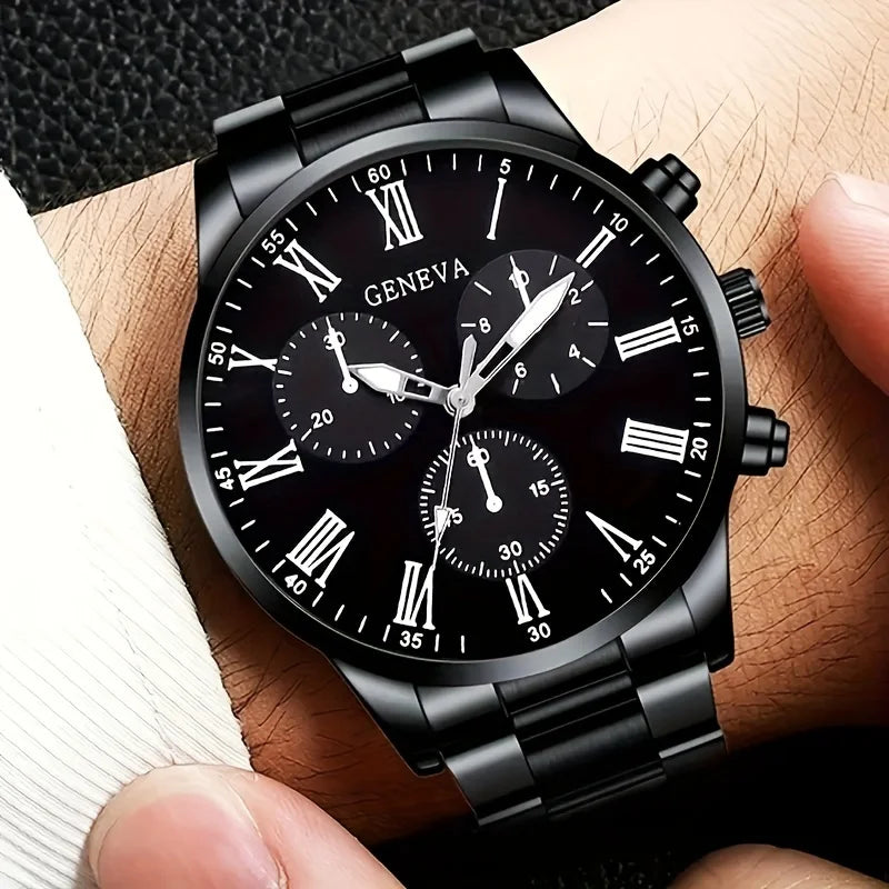 Conjunto de 4/1 relógio masculino moderno de quartzo - pulseira de aço inoxidável, caixa redonda em liga de zinco, esportivo eletrônico