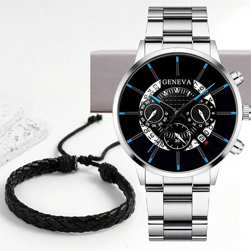 Fashion Mens Stainless Steel Watches Luxury Quartz Wristwatch Calendar Men Business Casual Leather Bracelet Watch