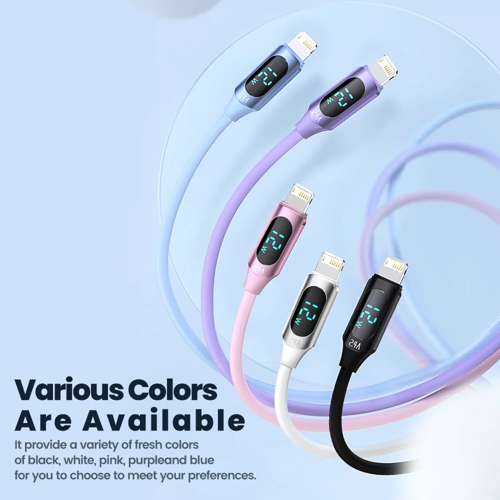 Cabo USB Toocki 2.4A para iPhone 12 13 14 Pro Max X XR Xs SE 7 8 Plus, USB para Lightning, carregamento rápido, cabo digital com tela para iOS