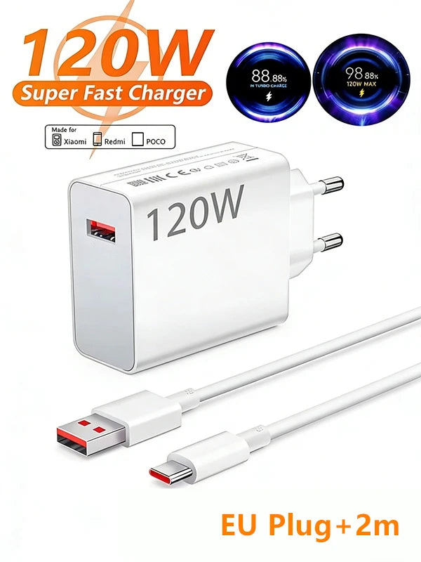 Carregador USB rápido de 120 W para Xiaomi 11 12 13 14 Redmi Note 11T 12 12T 13 14 Pro POCO F4 F5 X4 X5 X6 com cabo de carregamento turbo tipo C de 6 A