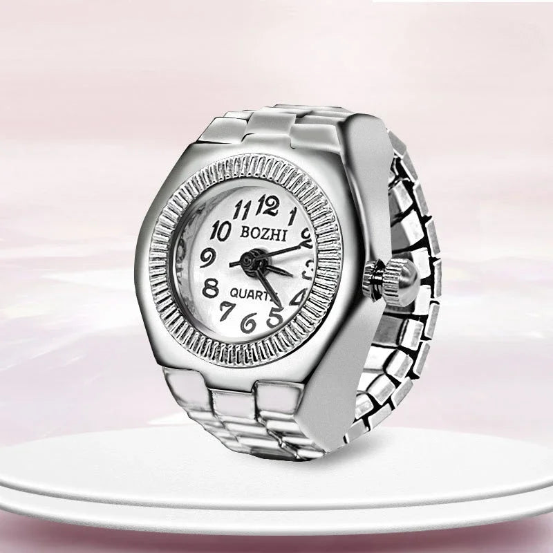 Relógio de dedo vintage punk, mini relógio de liga metálica com pulseira elástica, anel para casal, joia retrô, relógio de quartzo romano, anel feminino masculino