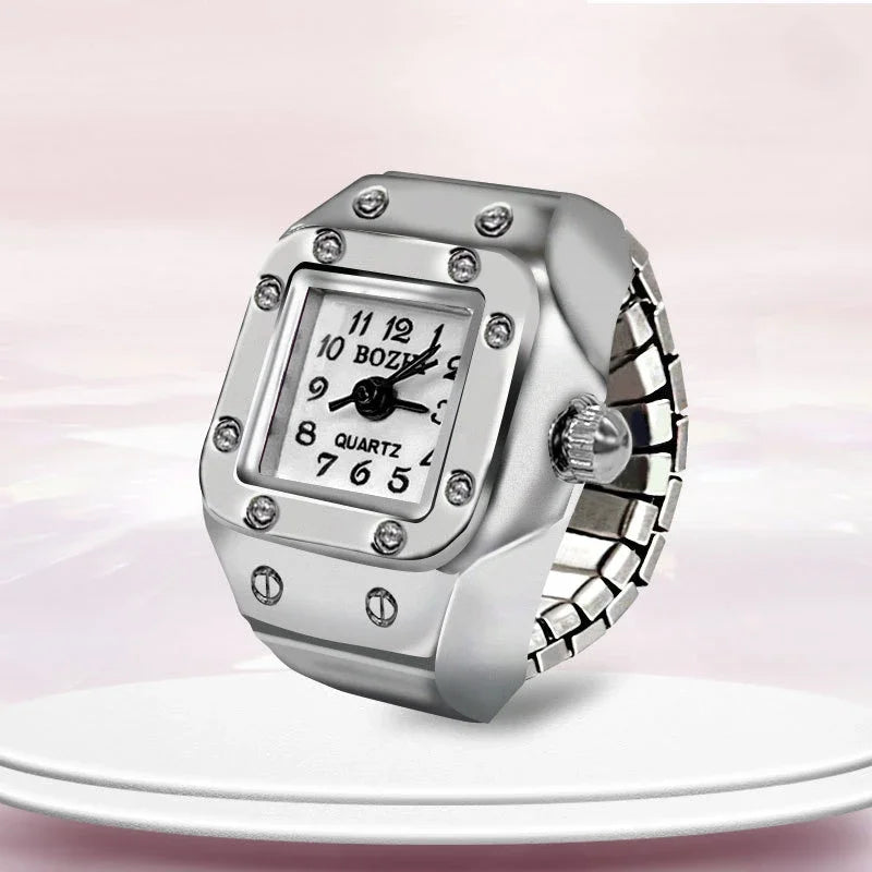 Relógio de dedo vintage punk, mini relógio de liga metálica com pulseira elástica, anel para casal, joia retrô, relógio de quartzo romano, anel feminino masculino