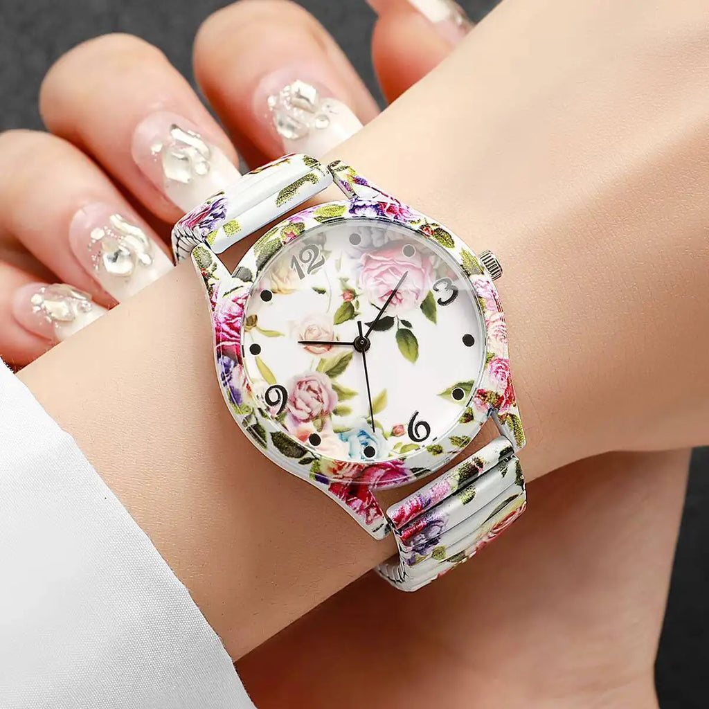 Relógio Feminino com Estampa Floral e Pulseira Elástica – Quartzo Fashion