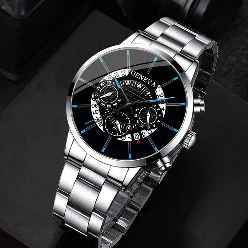 Fashion Mens Stainless Steel Watches Luxury Quartz Wristwatch Calendar Men Business Casual Leather Bracelet Watch