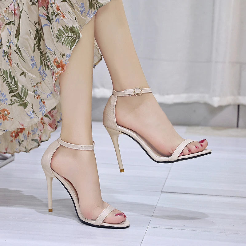 New Solid Color Simple Sexy Elegant Banquet Party High Heels Summer Open Toe Comfortable Buckle Fashion Sandals for Women