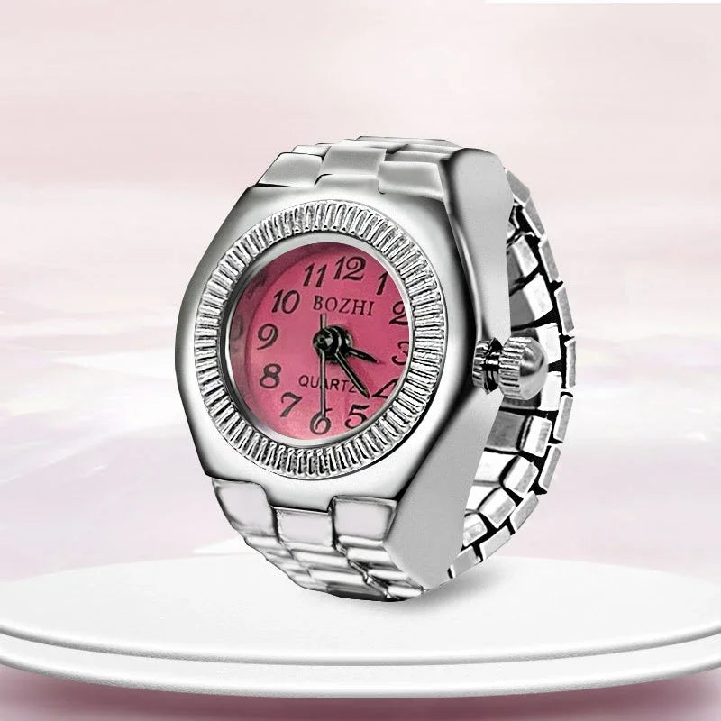 Relógio de dedo vintage punk, mini relógio de liga metálica com pulseira elástica, anel para casal, joia retrô, relógio de quartzo romano, anel feminino masculino