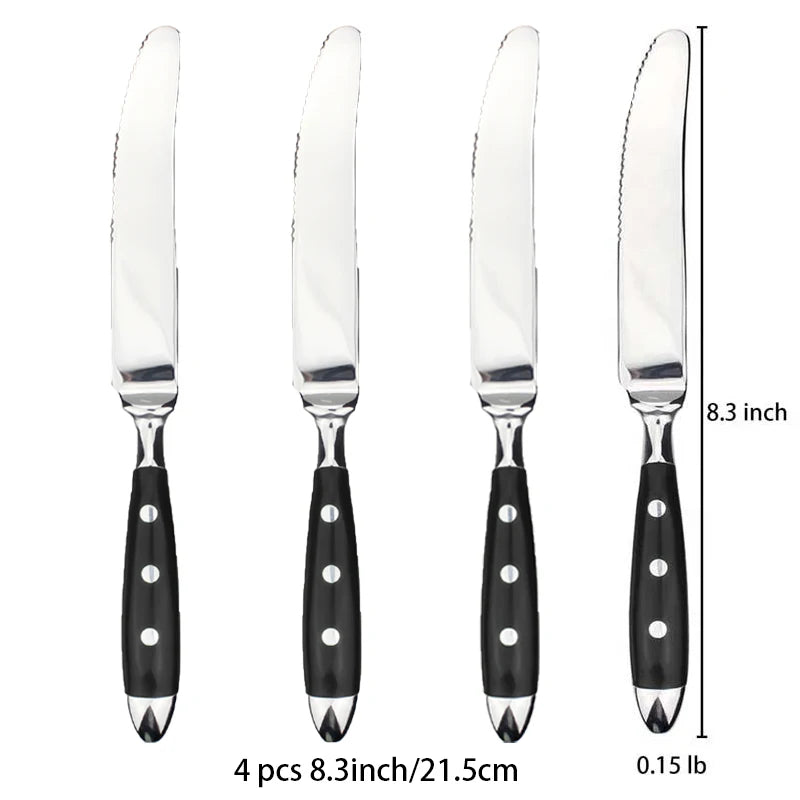 Conjunto de facas de bife clássicas e elegantes em aço inoxidável com cabos altamente polidos, ideais para churrasco ao ar livre, passeios turísticos e utensílios de cozinha delicados.