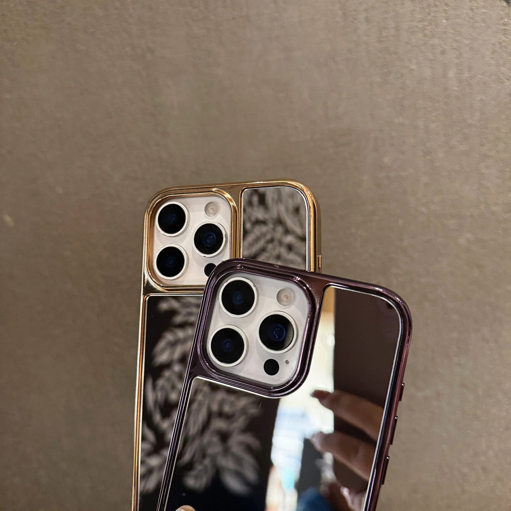 Capa de celular luxuosa com espelho de maquiagem e acabamento cromado para iPhone 17 Air, 16, 15, 14 Plus, 13, 12 Pro Max e 11. Capa protetora macia e resistente a impactos.