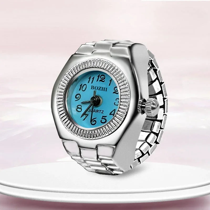 Relógio de dedo vintage punk, mini relógio de liga metálica com pulseira elástica, anel para casal, joia retrô, relógio de quartzo romano, anel feminino masculino