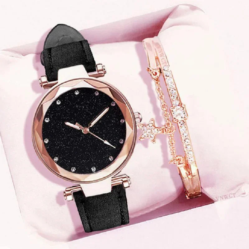 Relógio Feminino Céu Estrelado com Pulseira de Couro e Strass – Romântico e Casual