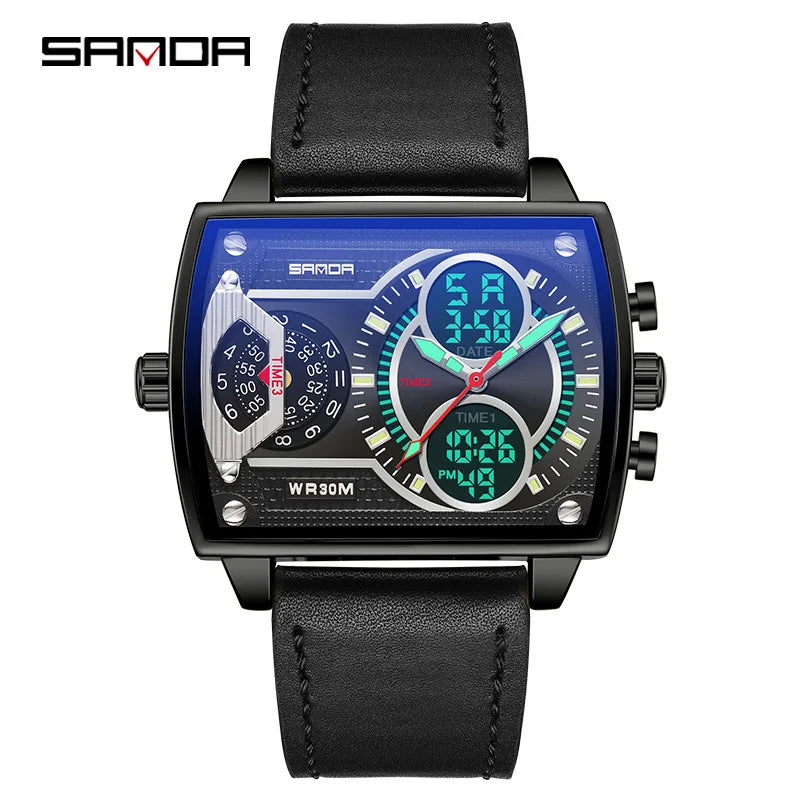Gold Big Dial Three Time Men Wrist Watches Stainless Steel Men Sports Digital Military Quartz Watch Luminous Male Clock Dropship