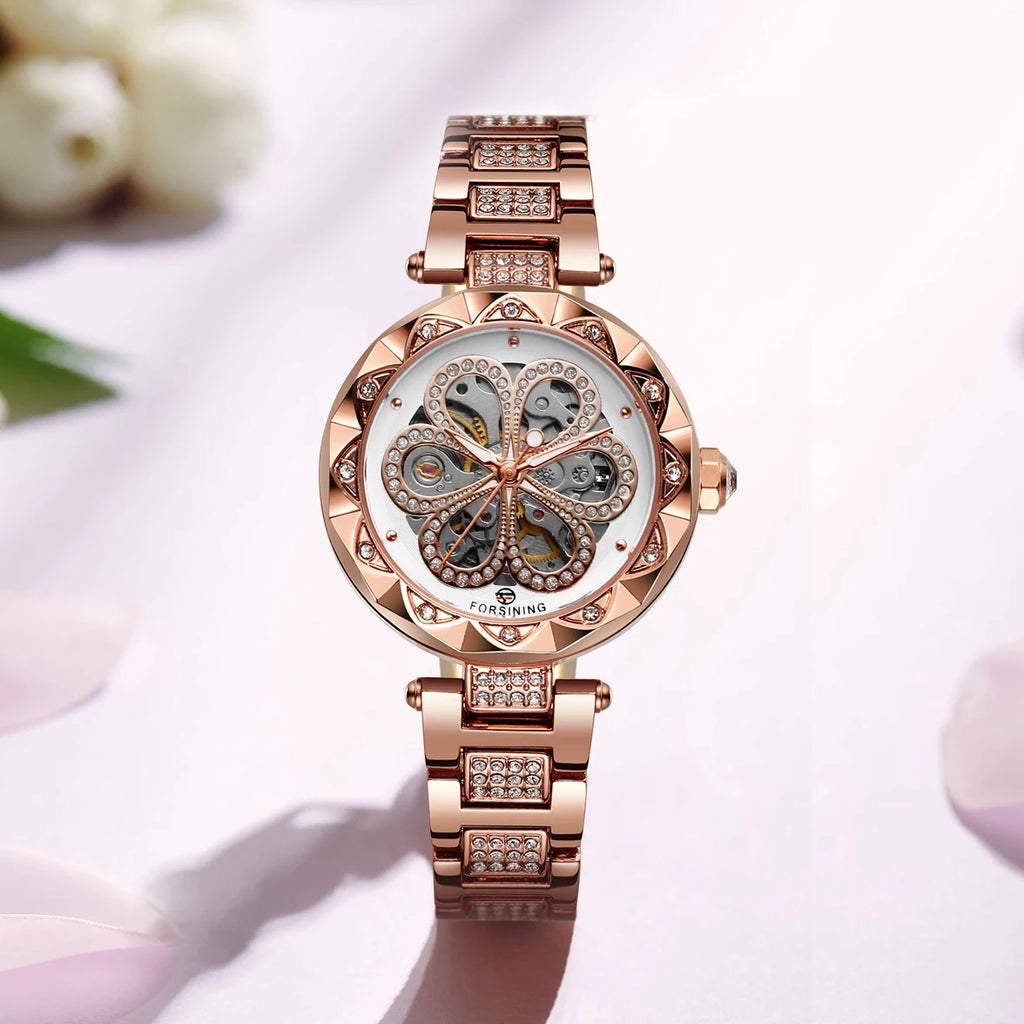FORSINING Relógio Feminino Esqueleto Automático com Diamantes – Ponteiros Luminosos