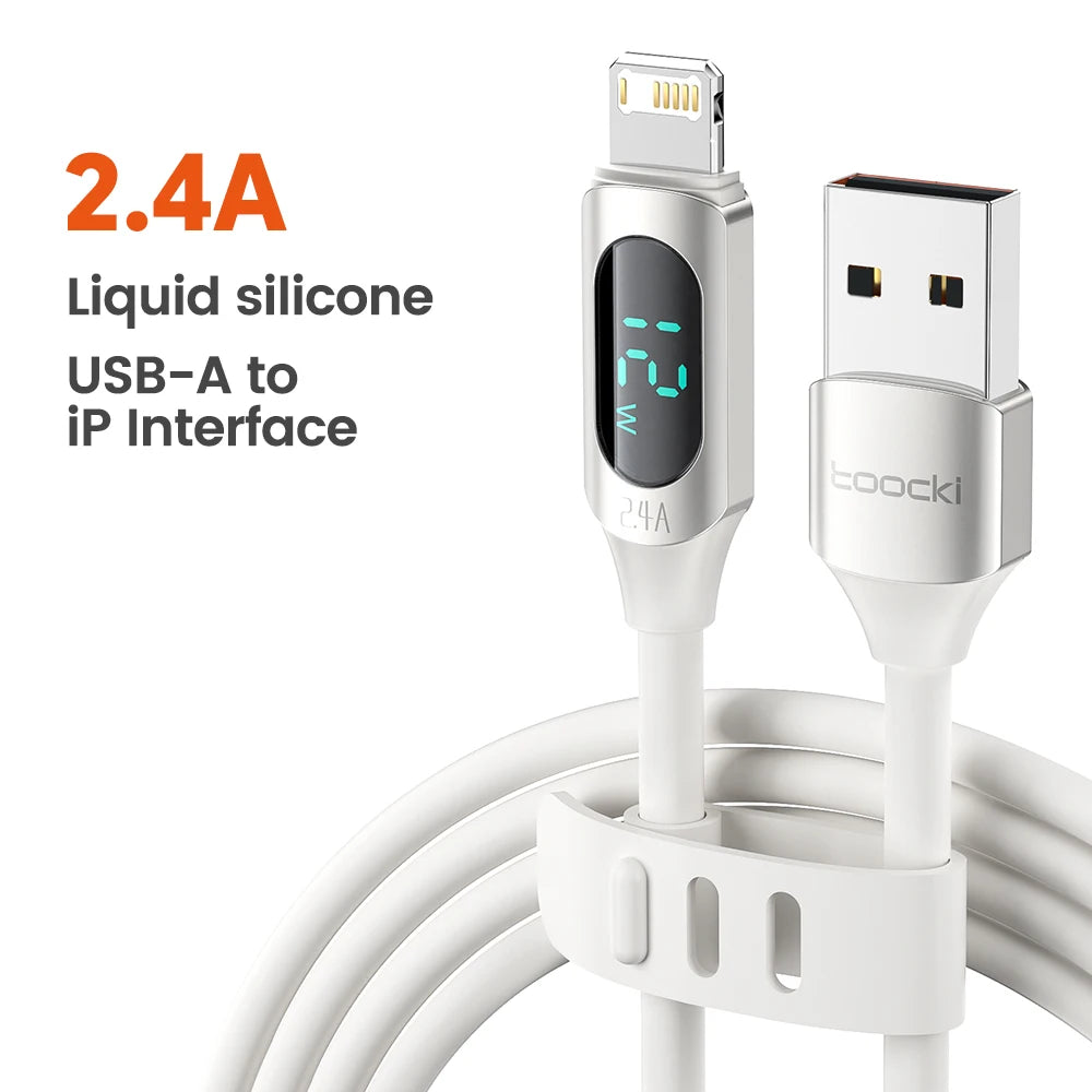 Cabo USB Toocki 2.4A para iPhone 12 13 14 Pro Max X XR Xs SE 7 8 Plus, USB para Lightning, carregamento rápido, cabo digital com tela para iOS