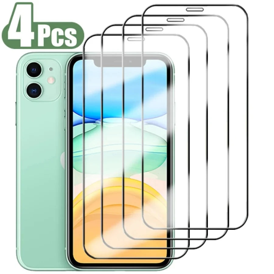 Kit com 4 películas protetoras de tela com cobertura total para iPhone 11, 12, 13, 14 Pro Max, em vidro temperado, compatíveis com iPhone 7, 8 Plus, X, XR, XS Max, SE, 20 e 22.