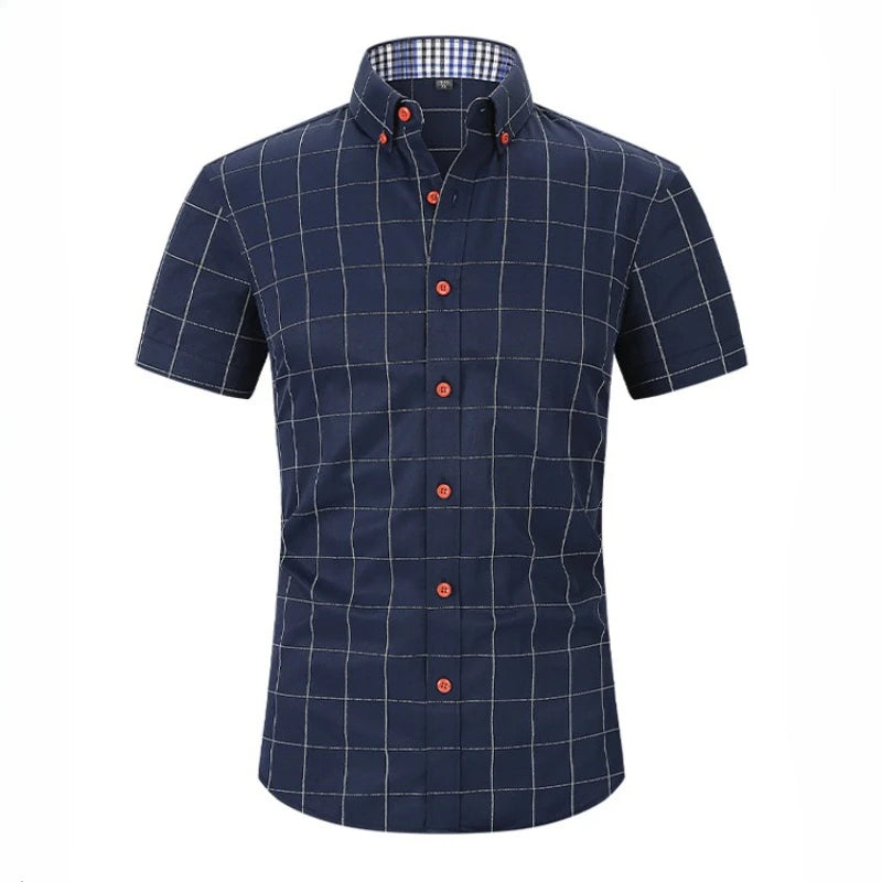 Men's Cotton Plaid Shirts Short Sleeves Soft Regular Fit Formal Dress Shirt Men Social Blouse Tops Summer Business Male Clothes