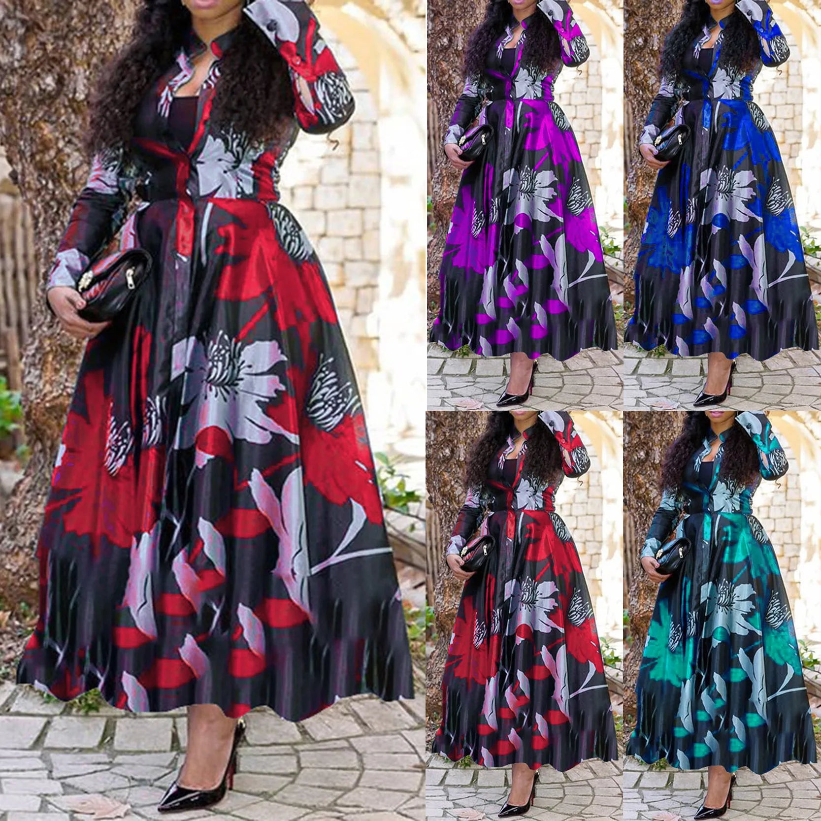 Retro Print Large Maxi Dress Women's Fashion Elegant Office Women's Long Dresses Spring Autumn Casual Long-sleeve Slim Vestidos