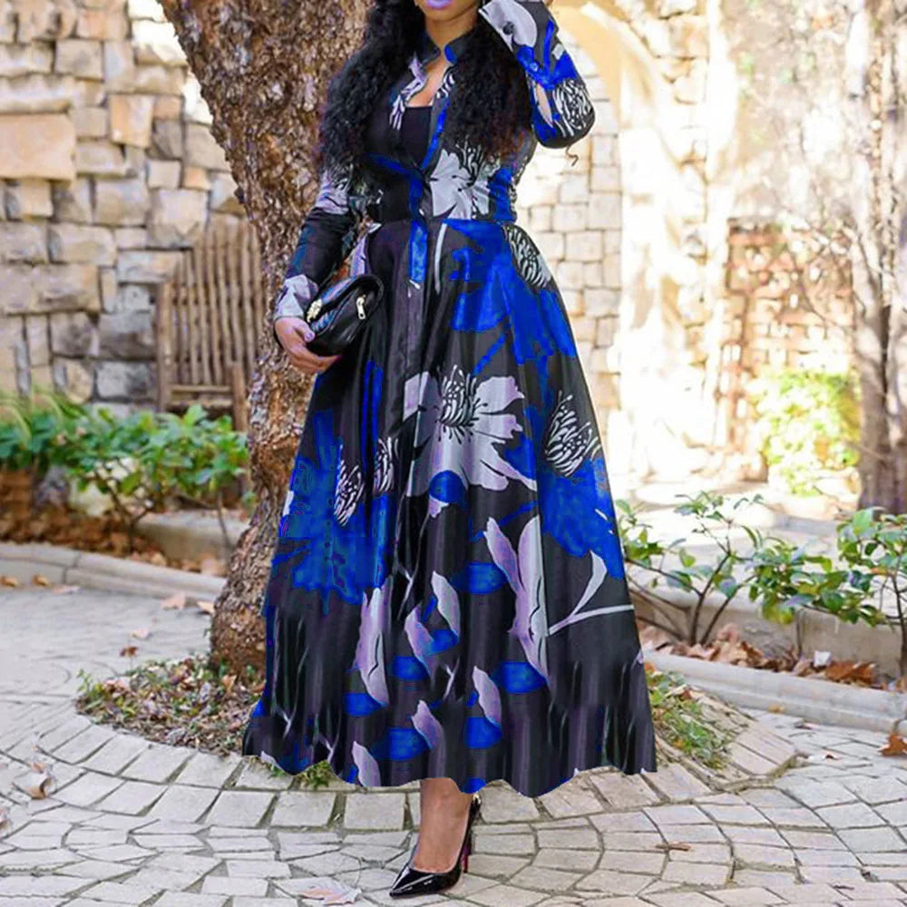 Retro Print Large Maxi Dress Women's Fashion Elegant Office Women's Long Dresses Spring Autumn Casual Long-sleeve Slim Vestidos