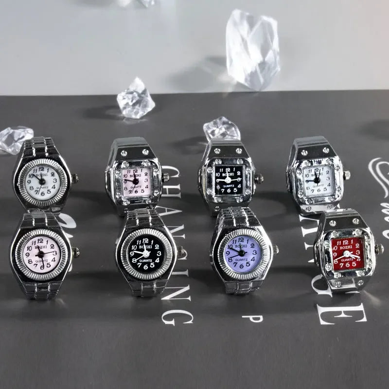 Relógio de dedo vintage punk, mini relógio de liga metálica com pulseira elástica, anel para casal, joia retrô, relógio de quartzo romano, anel feminino masculino