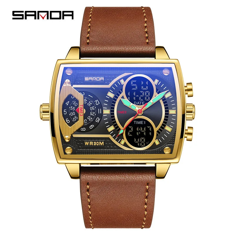Gold Big Dial Three Time Men Wrist Watches Stainless Steel Men Sports Digital Military Quartz Watch Luminous Male Clock Dropship