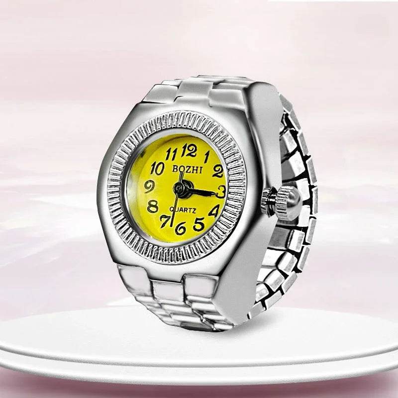 Relógio de dedo vintage punk, mini relógio de liga metálica com pulseira elástica, anel para casal, joia retrô, relógio de quartzo romano, anel feminino masculino