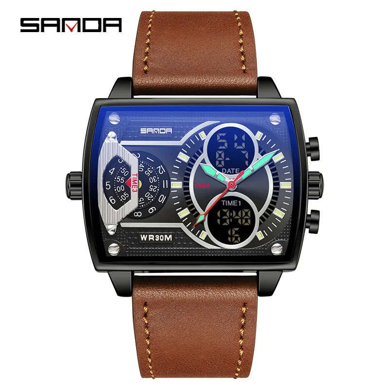 Gold Big Dial Three Time Men Wrist Watches Stainless Steel Men Sports Digital Military Quartz Watch Luminous Male Clock Dropship