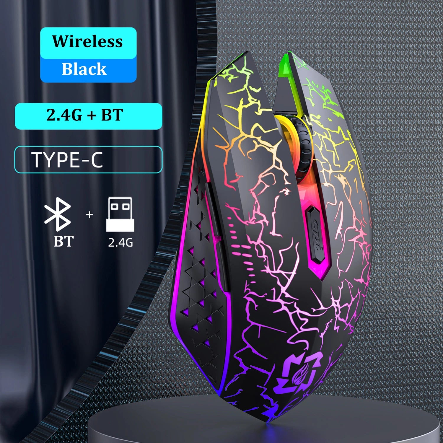 Mouse Bluetooth 5.2 RGB 2.4G Sem Fio com Modo Duplo para Jogos, 6 Botões, Silencioso, para MacBook, Tablet, Laptop e Computador.