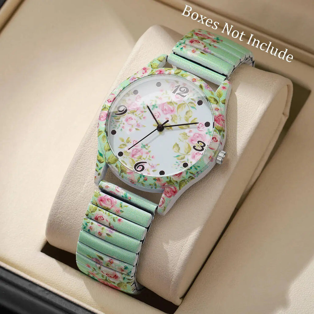 Relógio Feminino com Estampa Floral e Pulseira Elástica – Quartzo Fashion