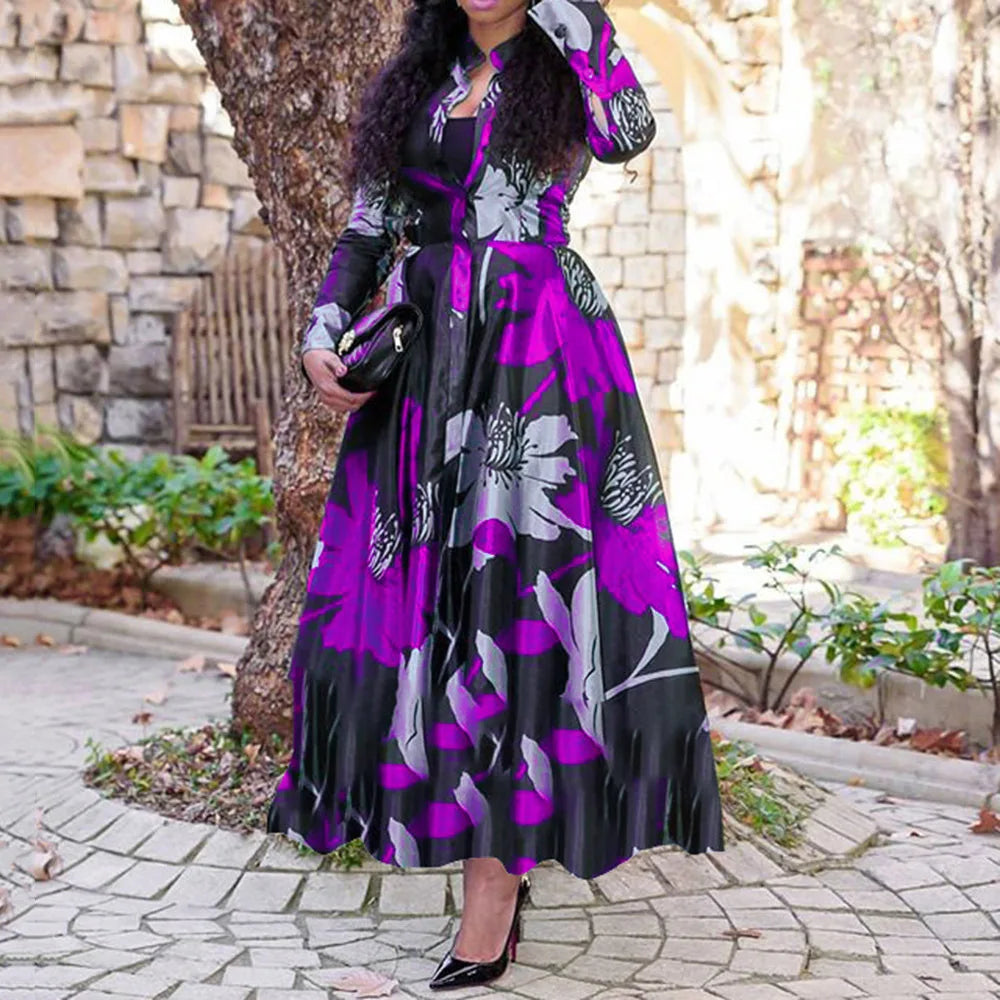 Retro Print Large Maxi Dress Women's Fashion Elegant Office Women's Long Dresses Spring Autumn Casual Long-sleeve Slim Vestidos