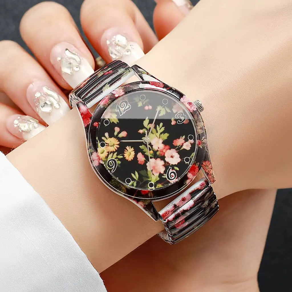Relógio Feminino com Estampa Floral e Pulseira Elástica – Quartzo Fashion