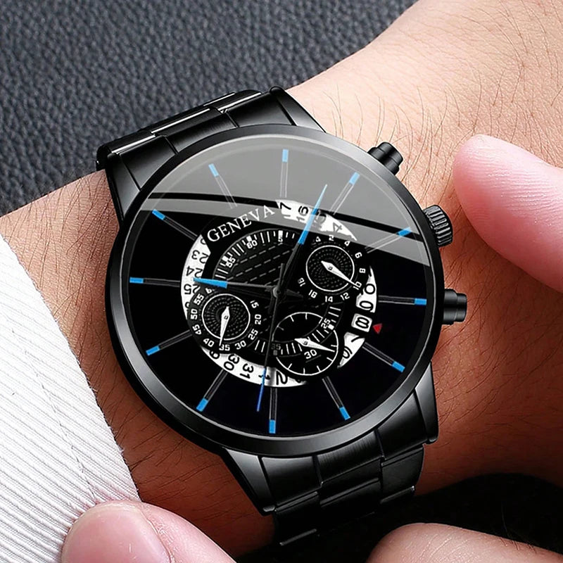 Fashion Mens Stainless Steel Watches Luxury Quartz Wristwatch Calendar Men Business Casual Leather Bracelet Watch