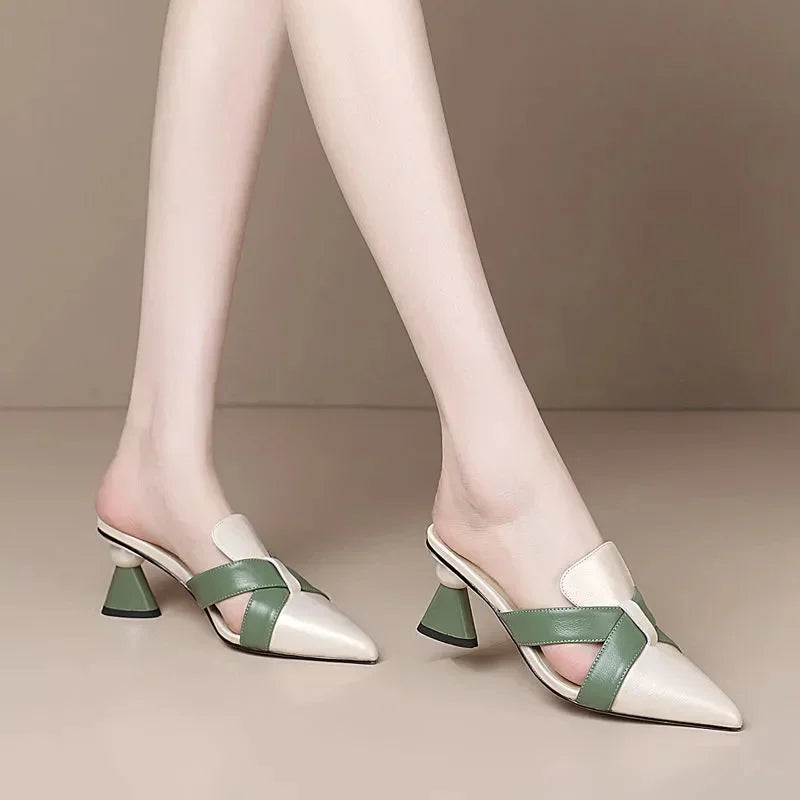 Sapatos Femininas Women Cute Pointed Toe Beige Spring & Summer Slip on Stiletto Heel Shoes Lady Cool Comfort Stylish Pumps E1361