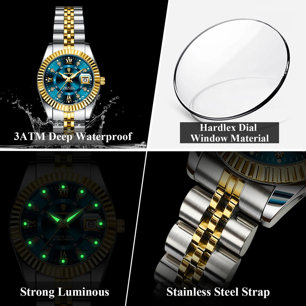 Relógio feminino de luxo POEDAGAR, à prova d'água, em aço inoxidável, com mostrador luminoso e data. Relógio de quartzo elegante e moderno para mulheres.