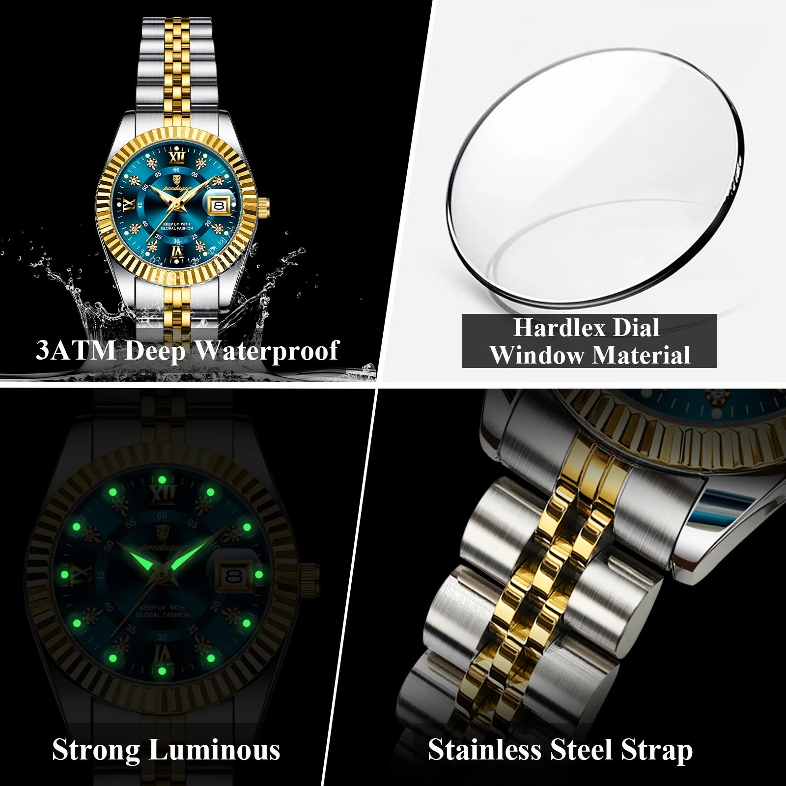 Relógio feminino de luxo POEDAGAR, à prova d'água, em aço inoxidável, com mostrador luminoso e data. Relógio de quartzo elegante e moderno para mulheres.