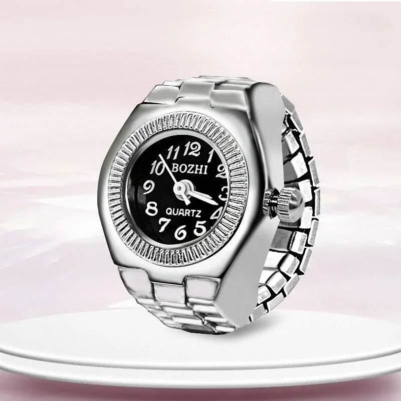Relógio de dedo vintage punk, mini relógio de liga metálica com pulseira elástica, anel para casal, joia retrô, relógio de quartzo romano, anel feminino masculino