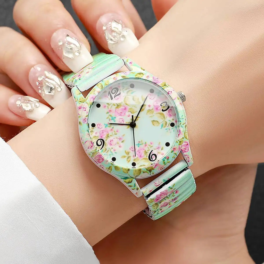 Relógio Feminino com Estampa Floral e Pulseira Elástica – Quartzo Fashion
