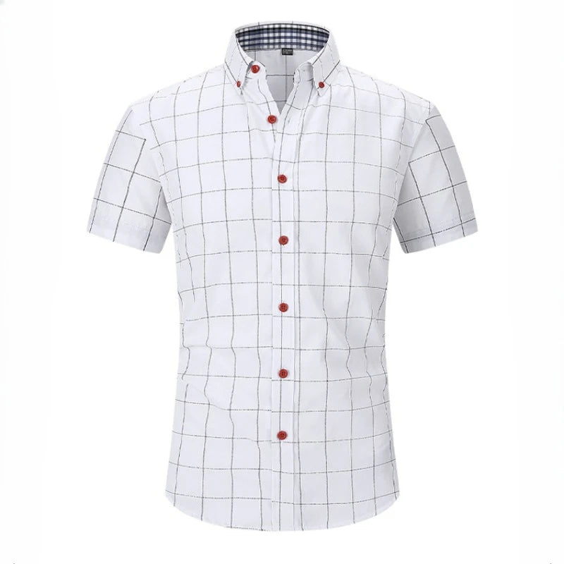 Men's Cotton Plaid Shirts Short Sleeves Soft Regular Fit Formal Dress Shirt Men Social Blouse Tops Summer Business Male Clothes