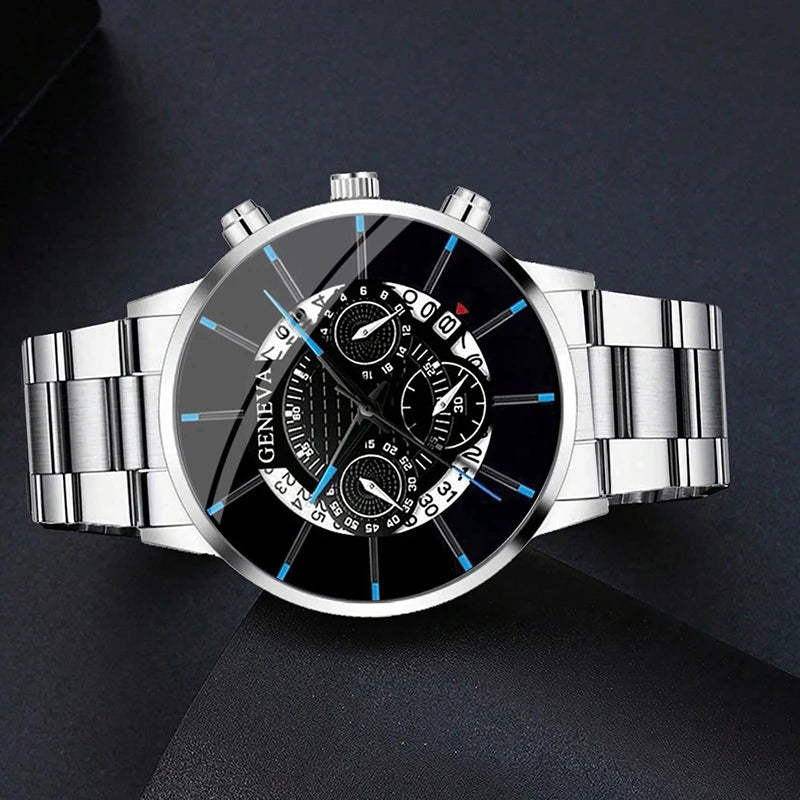 Fashion Mens Stainless Steel Watches Luxury Quartz Wristwatch Calendar Men Business Casual Leather Bracelet Watch