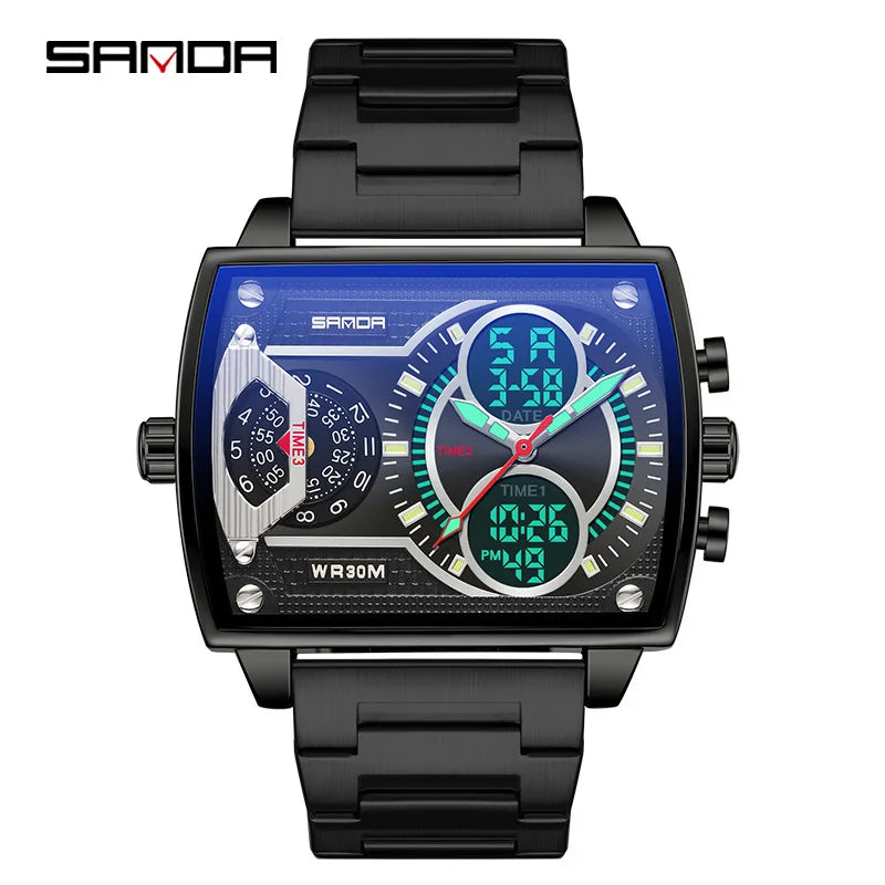 Gold Big Dial Three Time Men Wrist Watches Stainless Steel Men Sports Digital Military Quartz Watch Luminous Male Clock Dropship